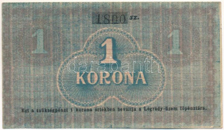 Budapest ~1920. 1K "Légrády-üzem", "1800" sorszámmal T:F szép papír / Hungary / Budapest ~1920. 1 Korona "Légrády Factory" with "1800" serial number C:F fine paper Adamo BUC151.1