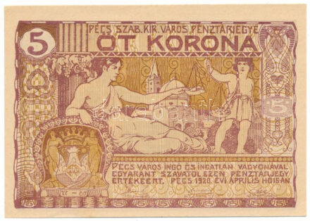 Pécs 1920.04.16. 5K házipénztár-pénztárjegy T:AU / Hungary / Pécs April 16th, 1920. 5 Korona municipial necessity note C:AU Adamo PÉC-14.2