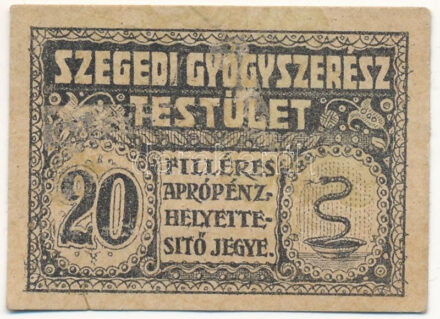 Szeged ~1920. 20f aprópénz helyettesítő jegy "Szegedi Gyógyszerész Testület", a hátlapon "Leinzinger Gyula" bélyegzéssel T:VF / Hungary / Szeged ~1920. 20 Fillér change-replacement ticket "Szeged Pharmacist Board" with "Leinzinger Gyula" cancellation on the back C:VF Adamo