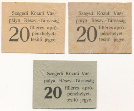 Szeged ~1920. 20f aprópénz helyettesítő jegy "Szegedi Közúti Vaspálya Részvénytársaság", szárazbélyegzővel, három különféle színváltozat, egyik hátoldalán egy másik példány előlapjának lenyomata T:XF-F / Hungary / Szeged ~1920. 20 Fillér change-replacement ticket "Szeged Public Road Railway Company Limited", with embossed stamp, three different color variations, one with an other piece's front cover print on the back C:XF-F Adamo