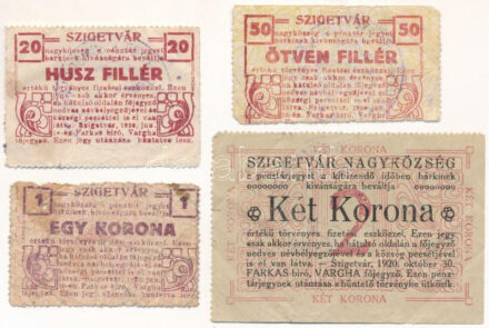 Szigetvár 1920. 20f + 50f + 1K + 2K, mindegyik hátlapján "SOMOGY VÁRMEGYE SZIGETVÁR KÖZSÉG" bélyegzéssel és aláírással T:F-G / Hungary / Szigetvár 1920. 20 Fillér + 50 Fillér + 1 Korona + 2 Korona, all with "SOMOGY VÁRMEGYE SZIGETVÁR KÖZSÉG" cancellations and signatures C:F-G Adamo SZI-1.1 -