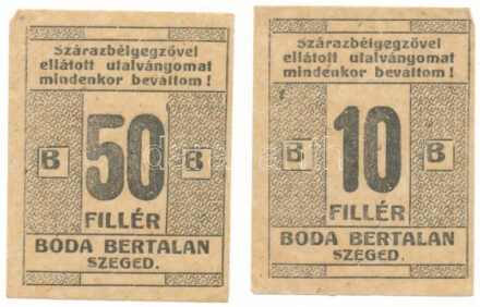 Szeged DN "Boda Bertalan Szeged" 10f utalvány, vékony hártyapapíron, szárazbélyegző nélkül + 50f utalvány, vékony hártyapapíron, szárazbélyegző nélkül T:AU,XF nagyobb sarokhajlások / Szeged ND "Boda Bertalan Szeged" 10 Fillér voucher, on thin paper without embossed stamp + 50 Fillér voucher on thin paper without embossed stamp C:AU,XF rather large corner folds Adamo SZE-12.1.1,