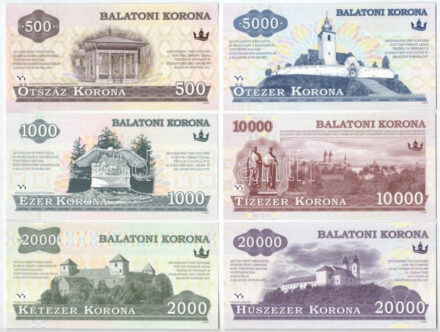 2012. 500K "Balatoni Korona" + 1000K "Balatoni Korona" + 2000K "Balatoni Korona" + 5000K "Balatoni Korona" + 10.000K "Balatoni Korona" + 20.000K "Balatoni Korona", helyi pénzek, mindegyik csak hátlapi nyomat, előoldalukon piros "MINTA" bélyegzéssel T:UNC / Hungary 2012. 500 Korona "Balatoni Korona" + 1000 Korona "Balatoni Korona" + 2000 Korona "Balatoni Korona" + 5000 Korona "Balatoni Korona" + 10.000 Korona "Balatoni Korona" + 20.000 Korona "Balatoni Korona", local money, all printed only on the back, with a red "MINTA (SPECIMEN)" stamp on the front