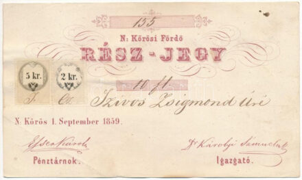 Nagykőrös 1859. "N: Körösi Fördö (Nagykőrösi Fürdő)" névre szóló, 10Fl értékű részjegye, illetékbélyeggel, kartonlapra kasírozva T:XF,VF / Hungary / Nagykőrös 1859. "N: Körösi Fördö (Nagykőrösi Fürdő)" share about 10 Florins, glued on cardboard