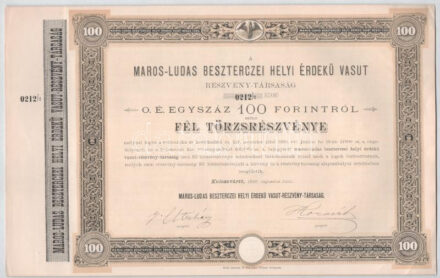 Kolozsvár 1886. "Maros-Ludas Beszterczei Helyi Érdekű Vasut Részvény-Társaság" fél törzsrészvénye 100Ft-ról szárazpecséttel, szelvényekkel T:XF / Hungary / Kolozsvár 1886. "Local Interest Railway of Maros-Ludas Besztercze Share Company" half common stock about 100 Forint, with embossed stamp and coupons