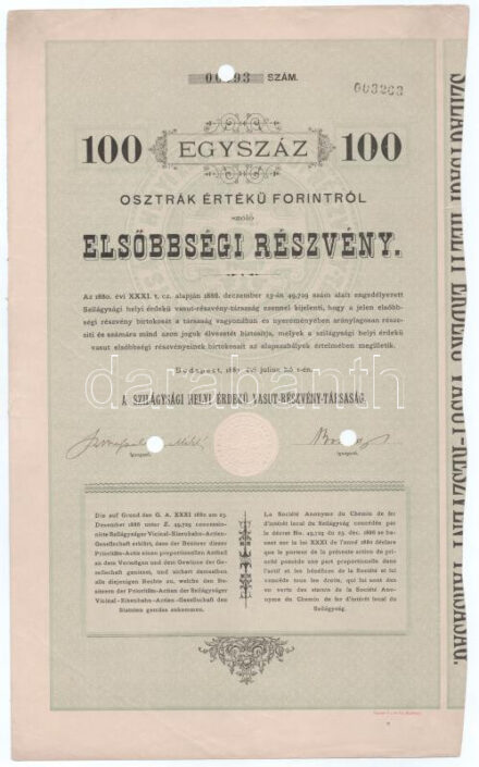 Budapest 1887. "Szilágysági Helyi Érdekű Vasut-Részvény-Társaság" elsőbbségi részvénye 100Ft-ról szárazpecséttel, lyukasztásokkal érvénytelenítve T:F / Hungary / Budapest 1887. "Local Interest Railway Company of Szilágyság Share Company" preference share about 100 Forint, with embossed stamp, cancelled by holes