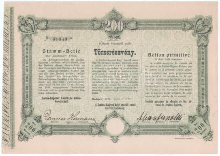 Budapest 1899. "Zsolna-Rajeczi Helyi Érdekű Vasút Részvénytársaság" törzsrészvénye 200K-ról szárazpecséttel, szelvényekkel T:AU,XF / Hungary / Budapest 1899. "Local Interest Railway of Zsolna -Rajecz Share Company" common stock about 200 Korona with embossed stamp and coupons