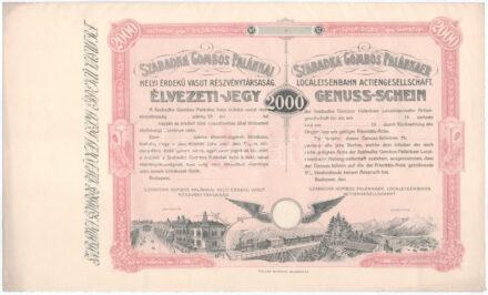 Budapest ~1900. "Szabadka Gombos Palánkai Helyi Érdekű Vasút Részvénytársaság" kitöltetlen élvezeti jegye 2000K-ról, szárazpecséttel T:AU / Hungary / Budapest "Local Interest Railway of Szabadka Gombos Palánka Share Company" unfilled profit-sharing certificate about 2000 Korona, with embossed stamp