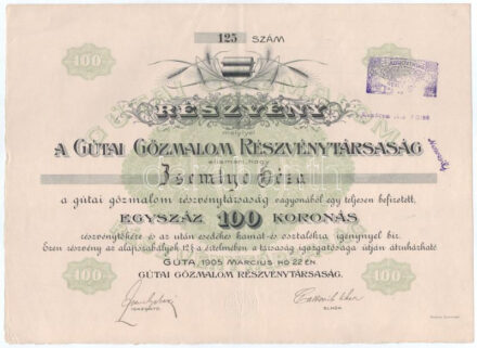 Gúta 1905. "Gútai Gőzmalom Részvénytársaság" részvénye 100K-ról szárazpecséttel, bélyegzésekkel T:VF / Hungary / Gúta 1905. "Steam Mill Share Company of Gúta" share about 100 Korona, with embossed stamp and cancellations C:VF