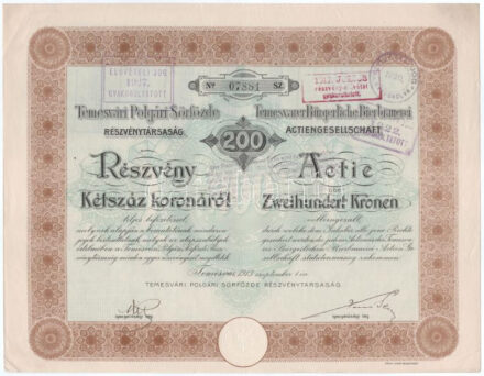Temesvár 1913. "Temesvári Polgári Sörfőzde Részvénytársaság" részvénye 200K-ról, szárazpecséttel, szelvényekkel, felülbélyegzésekkel T:XF / Hungary / Temesvár 1913. "Temesvár Civil Brewery Share Company" share about 200 Kronen, with embossed stamp, coupons and overprints
