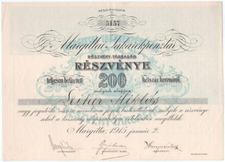 Margitta 1915. "Margittai Takarékpénztár Részvénytársaság" részvénye 200K-ról szárazpecséttel, szelvényekkel T:F / Hungary / Margitta 1915. "Savings Bank Share Company of Margitta" share about 200 Korona with embosed stamp and coupons C:F