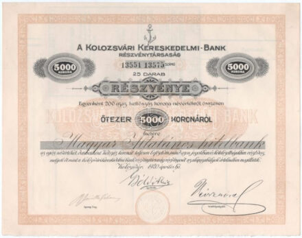 Kolozsvár 1920. "Kolozsvári Kereskedelmi-Bank" 25db részvénye egyben, összesen 5000K-ról szárazpecséttel, szelvényekkel T:AU / Hungary / Kolozsvár 1920. "Commercial Bank of Kolozsvár" 25 share in one, all about 5000 Korona, with embossed stamp and coupons