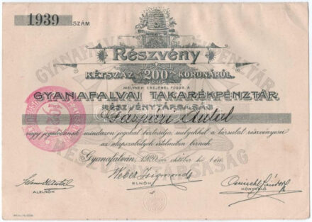 Ausztria / Gyanafalva 1920. "Gyanafalvai Takarékpénztár Részvénytársaság" részvénye szárazpecséttel, szelvényekkel, bélyegzésekkel T:XF / Austria / Gyanafalva (Jennersdorf) 1920. "Savings Bank Joint Stock Company of Gyanafalva" share with embossed stamp, coupons and cancellations