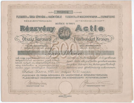 Csehszlovákia / Kassa 1921. "Fleischer és Társa Gépgyára és Vasöntödéje Részvénytársaság" részvénye 500K-ról szárazpecséttel, szelvényekkel T:XF / Czechoslovakia / Kosice 1921. "Fleischer and Co. Machine Factory and Iron Foundry Share Company" share about 500 Korona with embossed stamp and coupons