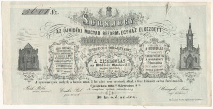 Újvidék 1865. "Az újvidéki magyar reformegyház elkezdett temploma építésére" sorsjegy, kézi "5601" sorszámmal T:F / Novi Sad 1865. "Az újvidéki magyar reformegyház elkezdett temploma építésére (For the building of the Reformated Church in Novi Sad)" lottery ticket with handwritten "5601" serial number