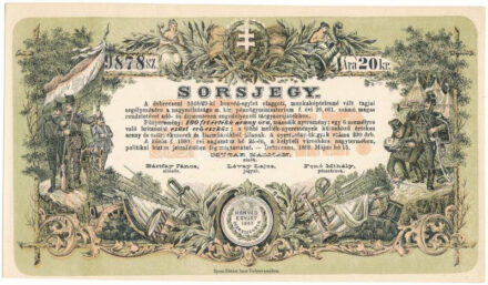 Debrecen 1889. "A debreczeni 1848/49-ki honvéd-egylet elaggott, munkaképtelenné vált tagjai segélyezésére" sorsjegy 20kr értékben, "9878" sorszámmal T:AU / Hungary / Debrecen 1889. "To help the members of the 1848/49 Veterans' Association in Debrecen who became obsolete and incapacitated for work" lottery ticket in 20 Kreuzer value, with "9878" serial number