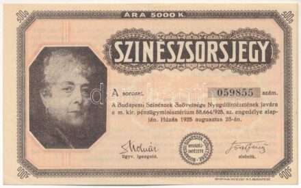 Budapest 1925. "A Budapesti Színészek Szövetsége Nyugdíjintézetének javára" színészsorsjegy 5000K értékben, "A 059855" sorszámmal T:XF,VF / Hungary / Budapest 1925. "A Budapesti Színészek Szövetsége Nyugdíjintézetének javára (For the benefit of the Pension Institute of the Budapest Actors' Association)" actor lottery ticket about 5000 Korona, with "A 059855" serial number