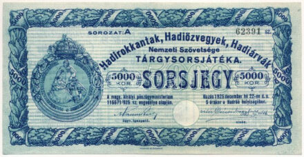 Budapest 1925. "Hadirokkantak, Hadiözvegyek, Hadiárvák Nemzeti Szövetsége Tárgysorsjátéka" sorsjegy 5000K-ról, szárazpecséttel, "A 62391" sorszámmal T:XF / Hungary / Budapest 1925. "Hadirokkantak, Hadiözvegyek, Hadiárvák Nemzeti Szövetsége Tárgysorsjátéka (Lottery Game of the National Association of Veterans, War Widows, and War Orphans)" lottery ticket about 5000 Korona, with embossed stamp, with "A 62391" serial number