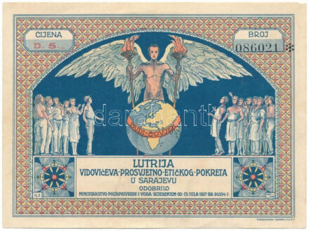 Szerb-Horvát-Szlovén Királyság 1927. "Vidovic Oktatásetikai Mozgalma Lottó Szarajevóban" lottószelvény bélyegzéssel T:AU kisebb hajlások / Kingdom of the Serbs, Croats and Slovenes 1927. "Lottery of the Vidovic-Educational-Ethical-Movement in Sarajevo" lottery ticket with overprint C:AU smaller