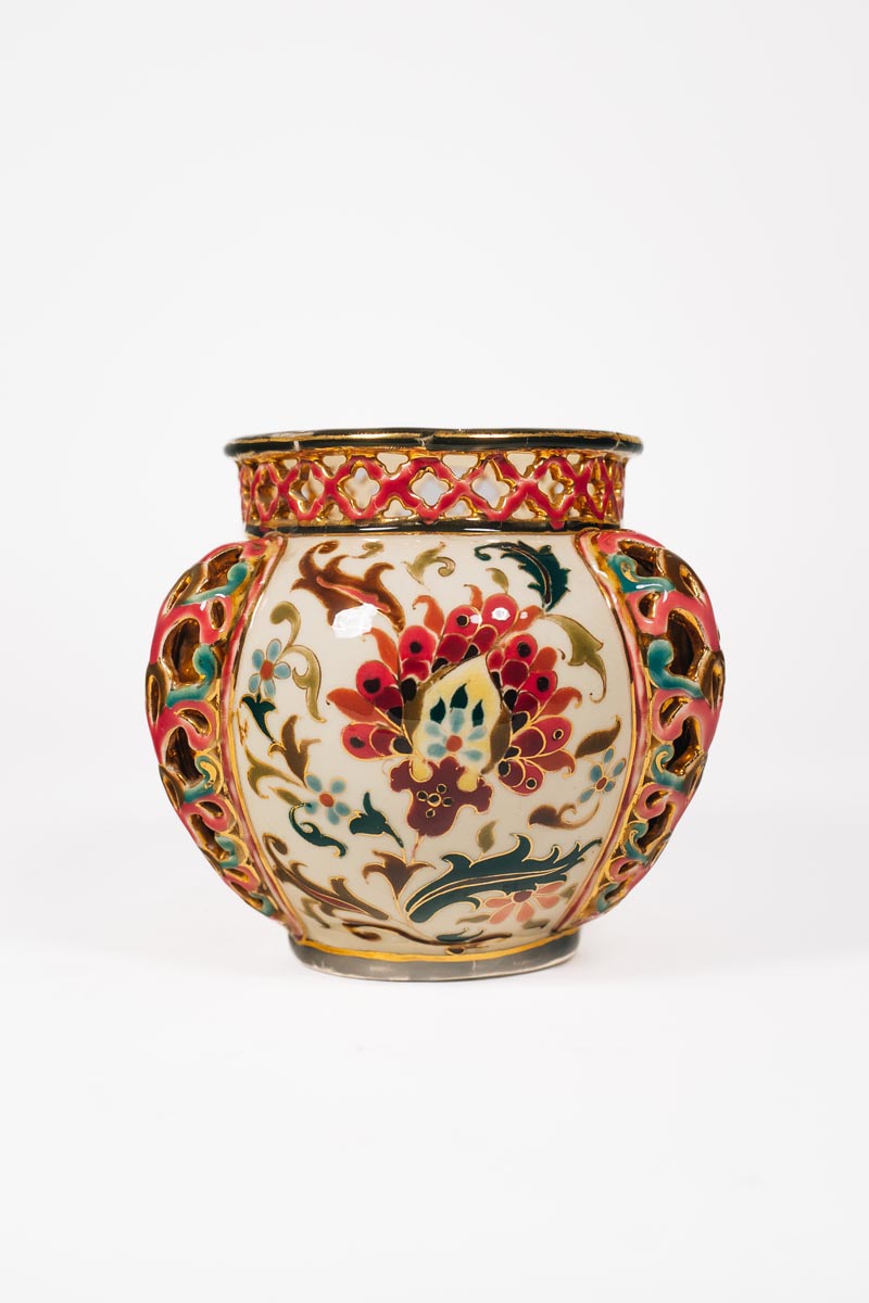 Zsolnay - Áttört peremű virágdíszes kaspó - Image 3