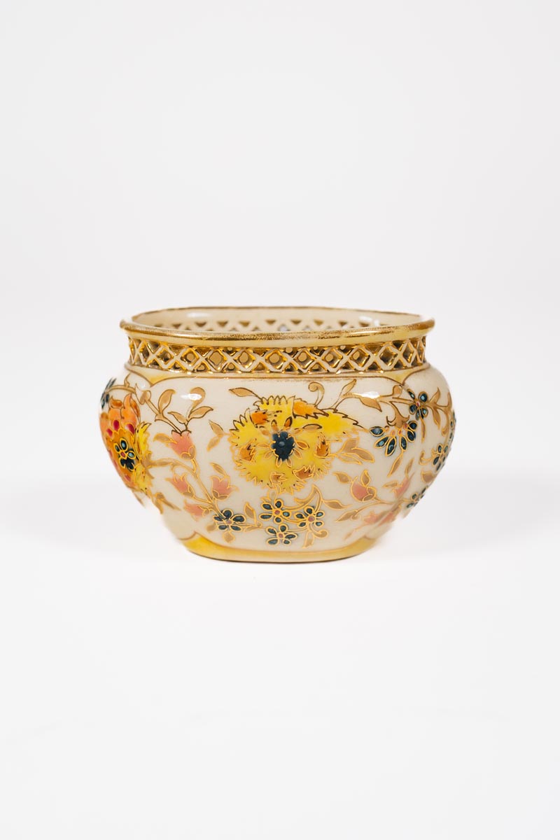 Zsolnay - Díszes porcelán kaspó - áttört peremezéssel