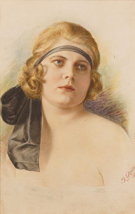 Ismeretlen művész - szignó pontosan nem kivehető.: Fiatal női portré -  ART DECO homlokpánttal