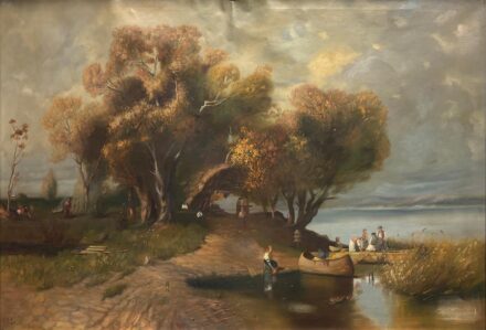 Mészöly Géza (1844–1887) után F. Sz. Góya szignóval: Őszi fűzfák alatt – parti élet a nyugodt víznél