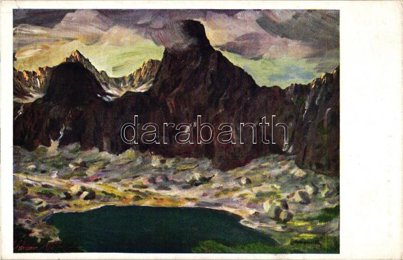 Tátra, Zöld-tó, Lomnici csúcs / lake, mountain peak s: Jar. Letniansky