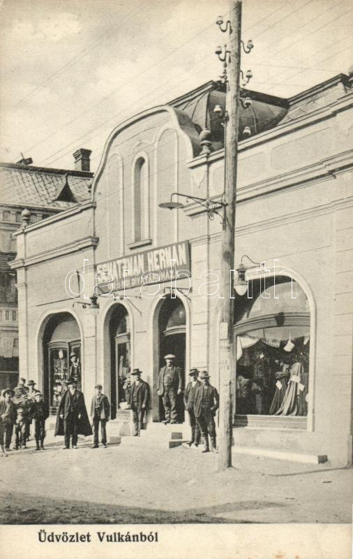 Vulkán, Vulcan, Wulkan; Schatzman Herman úri és női divatáruháza; Adler fényirda / shop (ragazstónyom / gluemark)