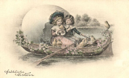 'Fröhliche Ostern' / Easter, couple in a rowboat, giant egg, B.K.W.I. 4095-2, s: J. Kranzle (EB)