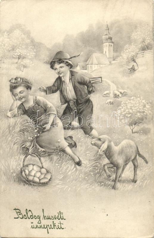 'Boldog húsvéti ünnepeket' / Easter, children, lamb and a basket of eggs, V.K. 4170 (EK)