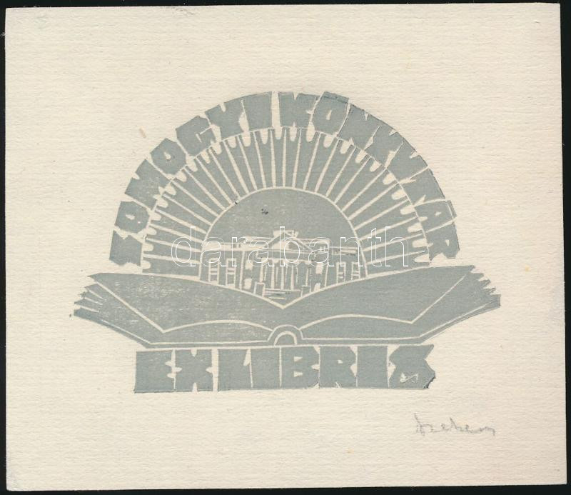 Szekeres Ferenc (1952-): Ex libris, Somogyi Könyvtár. Linó, papír, jelzett, 5×7 cm
