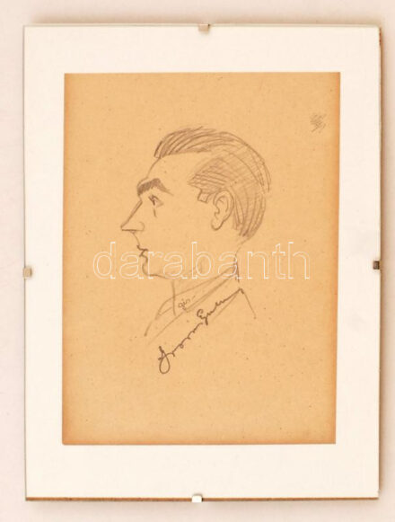 Szegő Gizi (1902-1985): Grosics Gyula, az Aranycsapat játékosának dedikált portréja! Jelzett, 14x20 cm Üveg klipszes keretben / Autograph signed portait of Gyula Grosics, footballist of the Hungarian Golden Team.