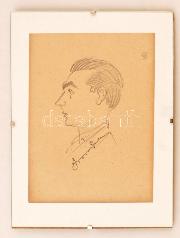 Szegő Gizi (1902-1985): Grosics Gyula, az Aranycsapat játékosának dedikált portréja! Jelzett, 14x20 cm Üveg klipszes keretben / Autograph signed portait of Gyula Grosics, footballist of the Hungarian Golden Team.