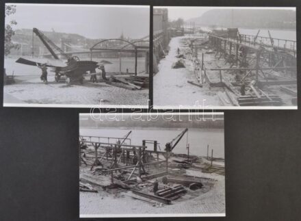 cca 1944 Budapest, bontják a Lánchíd pesti hídfőjénél, az alsó rakparton állott raktárakat, 3 db szabadon felhasználható vintage negatív (24x36 mm) és az erről készült 3 db 13x18 cm-es mai nagyítás