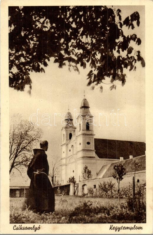Csíksomlyó, Sumuleu Ciuc; kegytemplom, szerzetes / church with monk