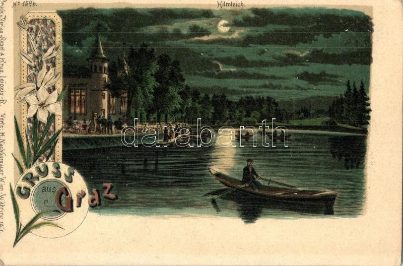 Graz, Hilmteich / lake. Regel & Krug No. 1596. Art Nouveau, floral, litho