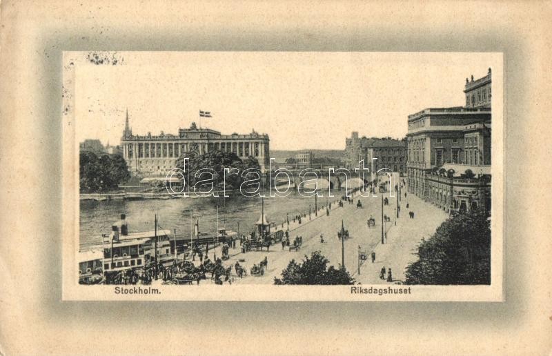 Stockholm, Riksdagshuset / castle, street, tram, bridge (EK)