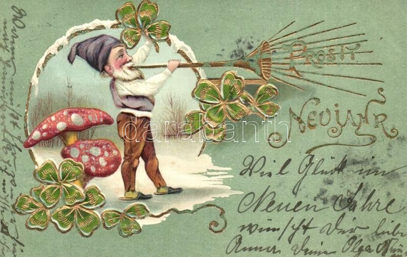 Prosit Neujahr! / New Year greeting art postcard with dwarf, mushrooms and clovers. Emb. litho