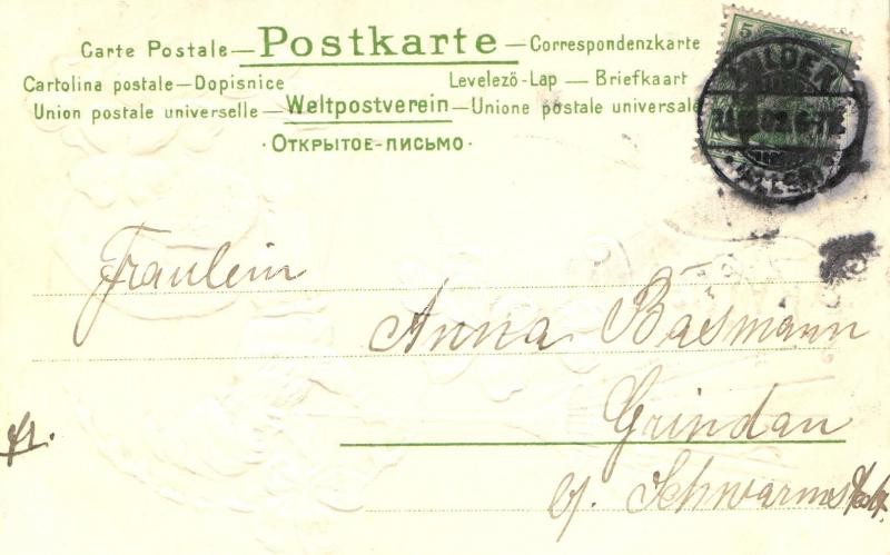 Prosit Neujahr! / New Year greeting art postcard with dwarf, mushrooms and clovers. Emb. litho - Image 2