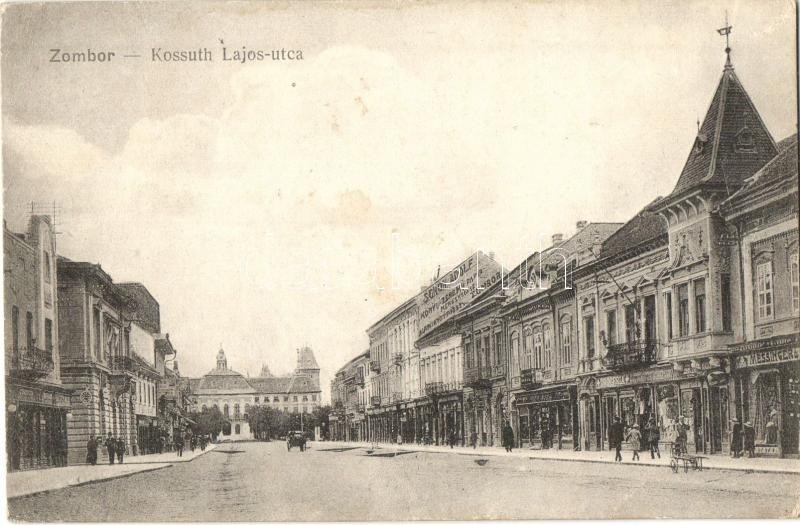 Zombor, Sombor; Kossuth Lajos utca, Messinger és Ofner üzlete, drogéria, kiadja Schön Adolf / street, shops (Rb)