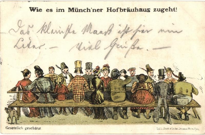 1898 Wie es im Münch'ner Hofbräuhaus zugeht! / Munich brewery art postcard. Lith. Anst. v. Ludw. Zrenner. litho