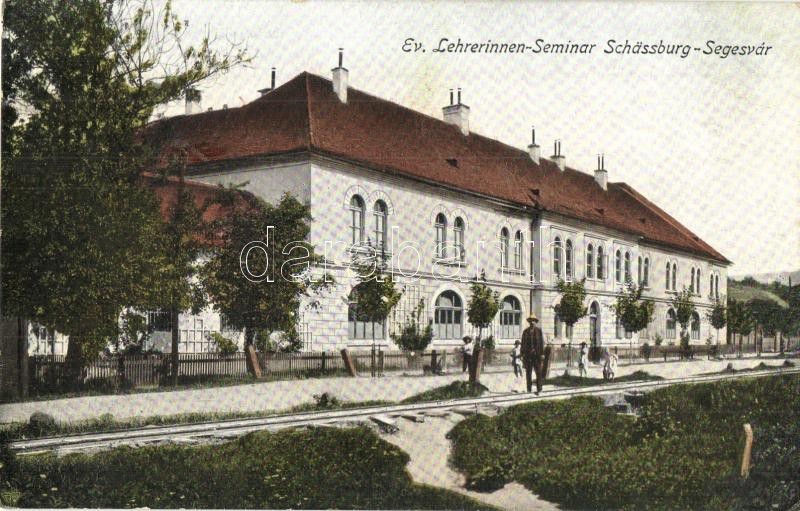 Segesvár, Schässburg, Sighisoara; Evangélikus tanítónő-szeminárium, villamossín / teachers training institute, tramway / Ev. Lehrerinen Seminar (fl)
