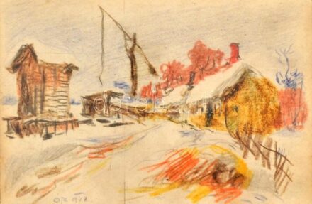 Ócsvár Rezső (1877-1968): Téli tanya. Színes ceruza, papír, jelzett. Kopott, üvegezett fakeretben, 9,5×14,5 cm
