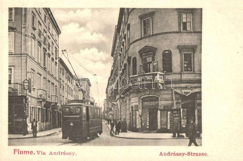 Fiume, Via Andrássy / Andrássy Strasse / street view with tram, C. Maly Vidali's Grand Magazin