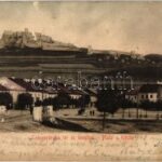 1908 Szepesváralja, Spisské Podhradie; tér és templom, háttérben a vár, szobor / square and church, castle in the background, statue