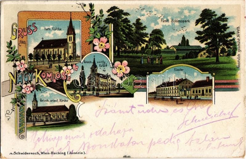 1908 Nagykomlós, Comlosu Mare; Kath. Kirche, Fürstl. Schlosspark, Griech. uneirte Kirche, Griech. orient. Kirche, Kloster / Római katolikus templom, San Marco kastély kertje, Görögkatolikus templom, Görögkeleti Ortodox templom,