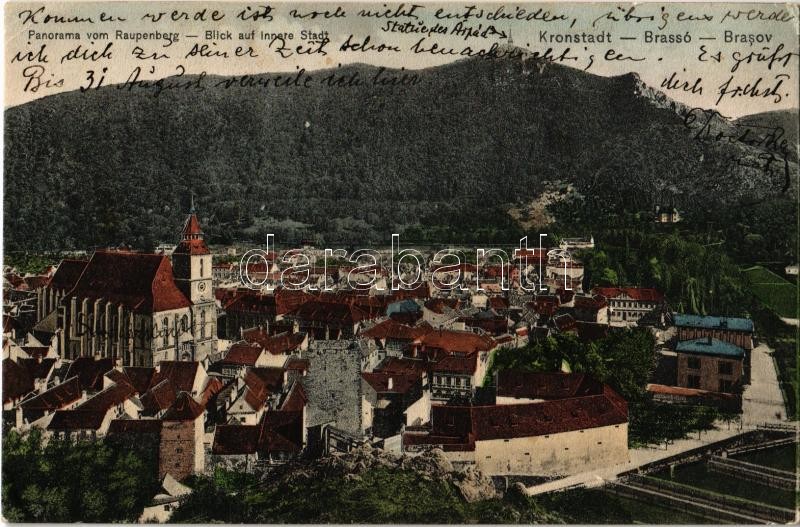 1908 Brassó, Kronstadt, Brasov; látkép a Bácsélről / Panorama von Raupenberg / general view