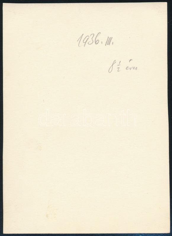 1936. március, Kinszki Gábor 8 és fél éves, Kinszki Imre (1901-1945) budapesti fotóművész vintage fotója, a szerző által datálva, 12x8,5 cm - Image 2