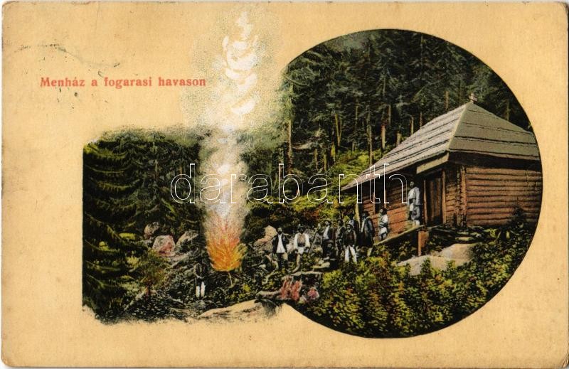 Fogarasi-havasok, Siebenbürgische Karpathen, Muntii Fagarasului; menház, tábortűz. Thierfeld Dávid kiadása / rest house, camp fire